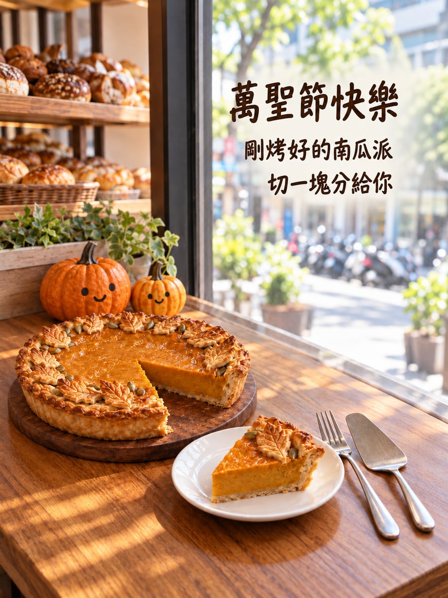 剛烤好的南瓜派。圖中文字：萬聖節快樂，剛烤好的南瓜派，切一塊分給你