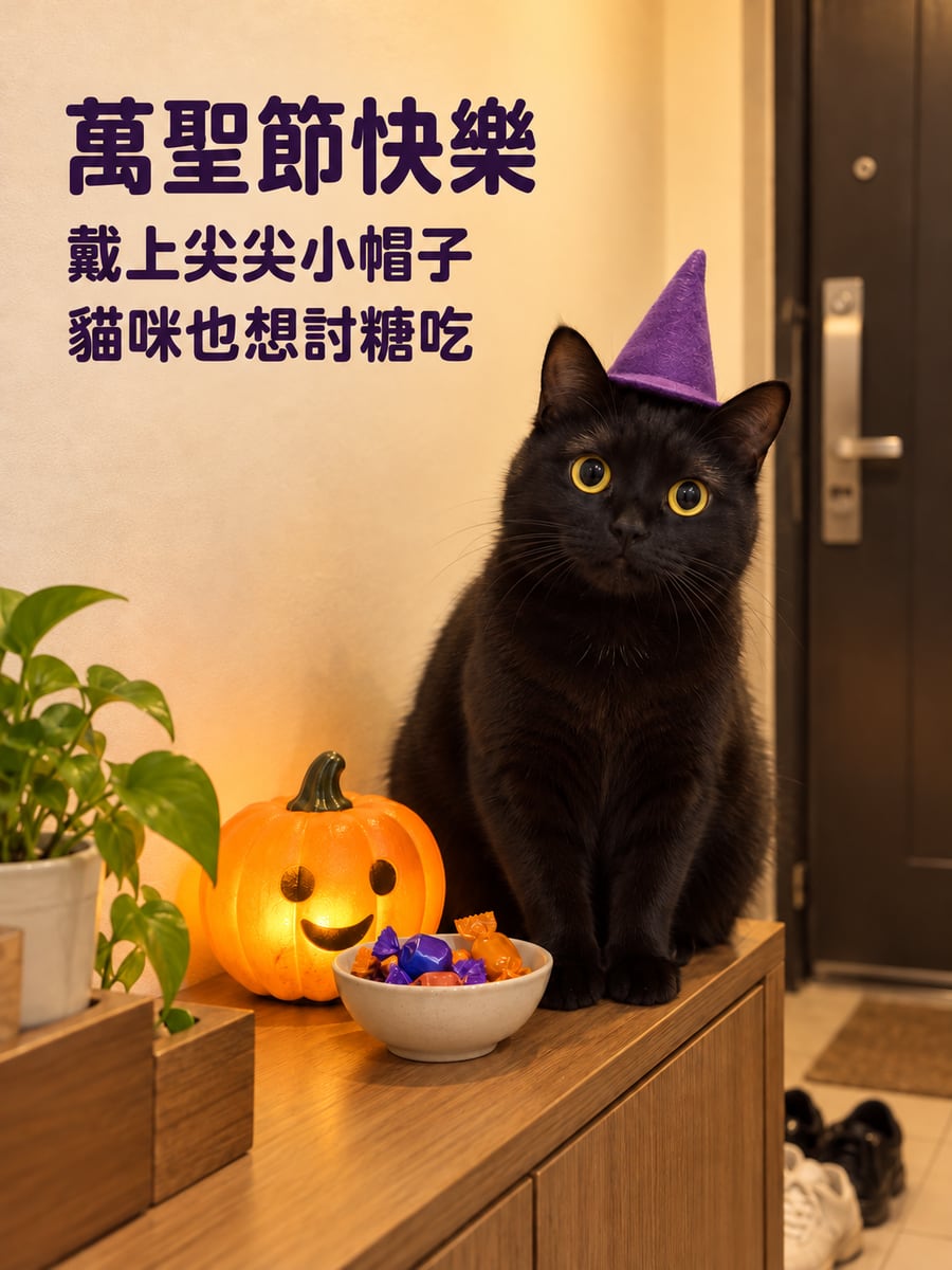 戴小帽子的貓咪。圖中文字：萬聖節快樂，戴上尖尖小帽子，貓咪也想討糖吃