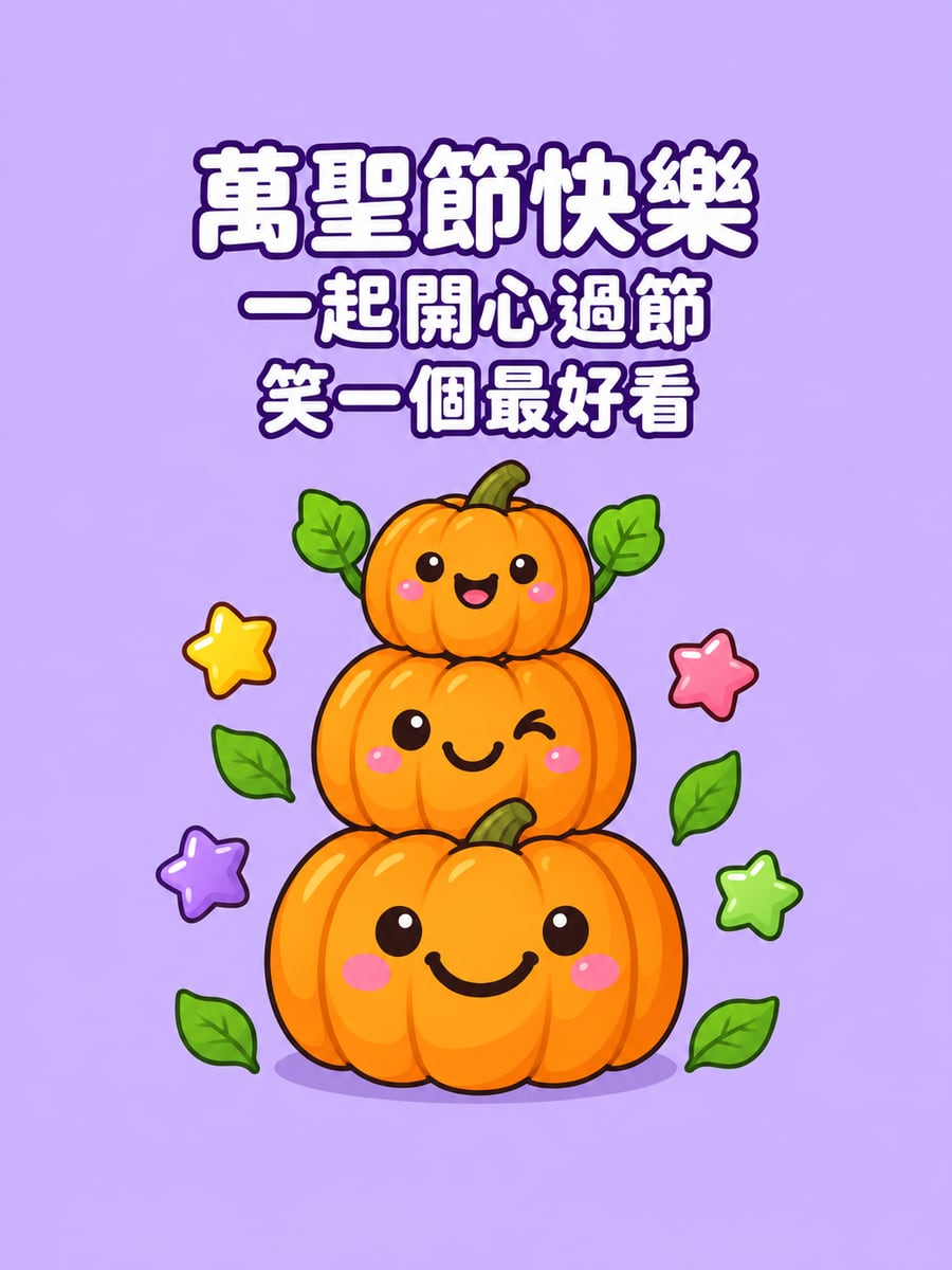 疊羅漢的南瓜三兄弟。圖中文字：萬聖節快樂，一起開心過節，笑一個最好看