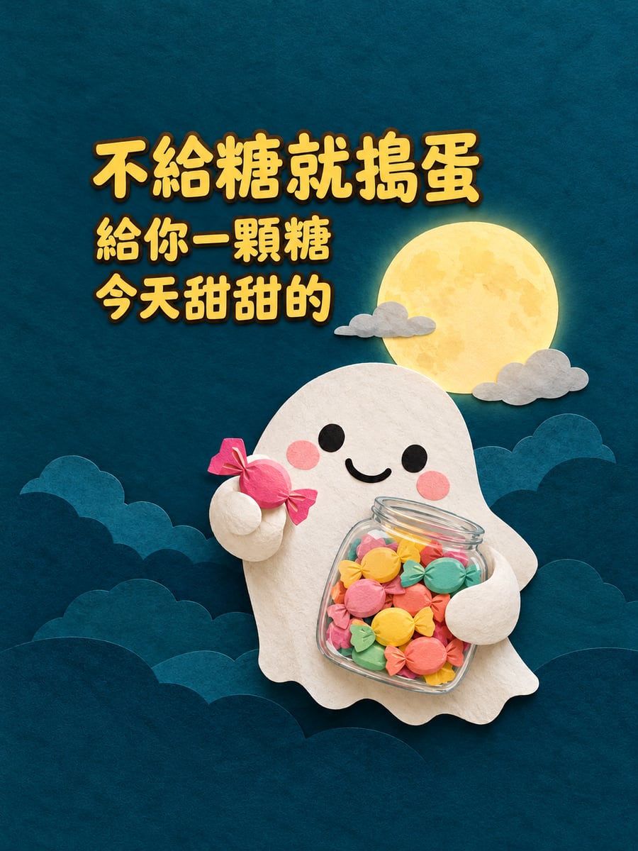 抱著糖果罐的小幽靈。圖中文字：不給糖就搗蛋，給你一顆糖，今天甜甜的