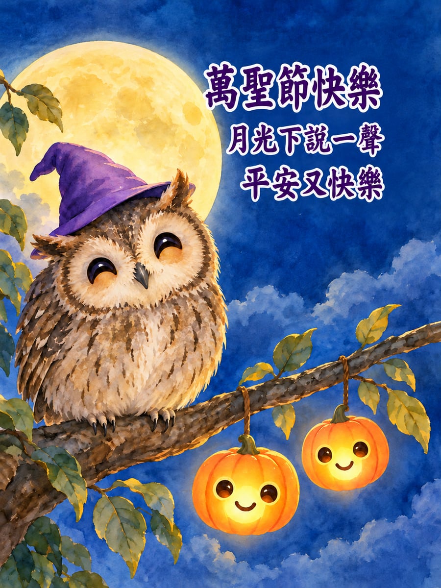 戴巫師帽的貓頭鷹。圖中文字：萬聖節快樂，月光下說一聲，平安又快樂