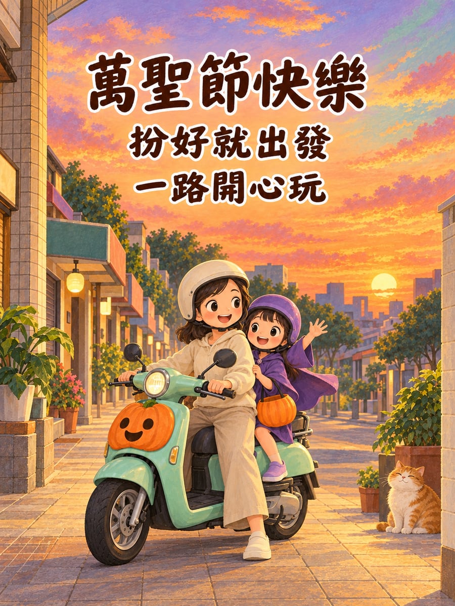 南瓜造型機車與扮裝女孩。圖中文字：萬聖節快樂，扮好就出發，一路開心玩