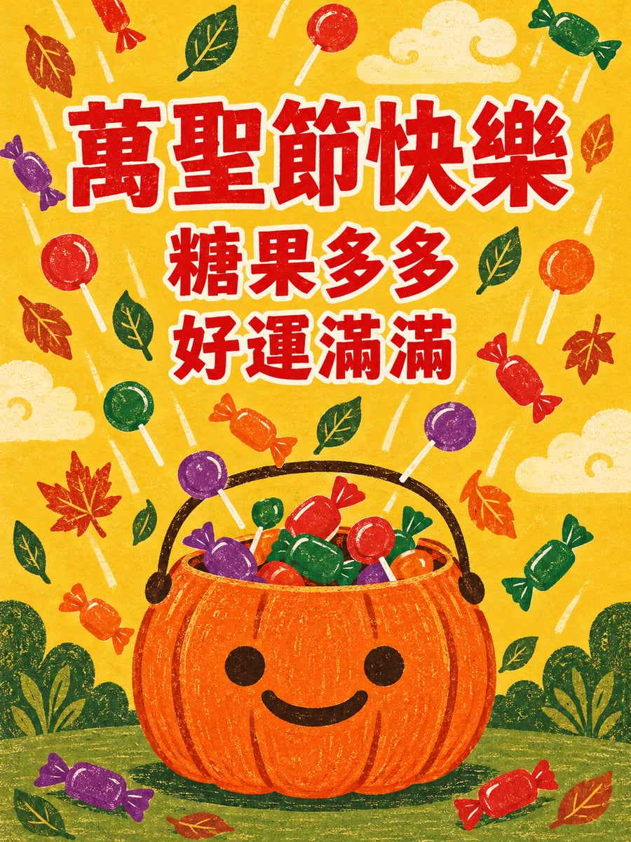 下起糖果雨的南瓜桶。圖中文字：萬聖節快樂，糖果多多，好運滿滿