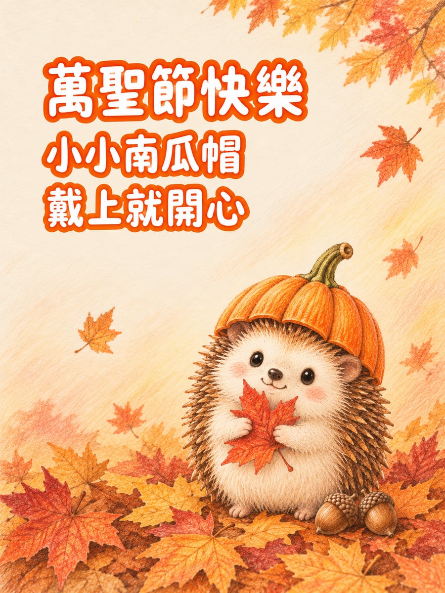 戴南瓜帽的小刺蝟。圖中文字：萬聖節快樂，小小南瓜帽，戴上就開心