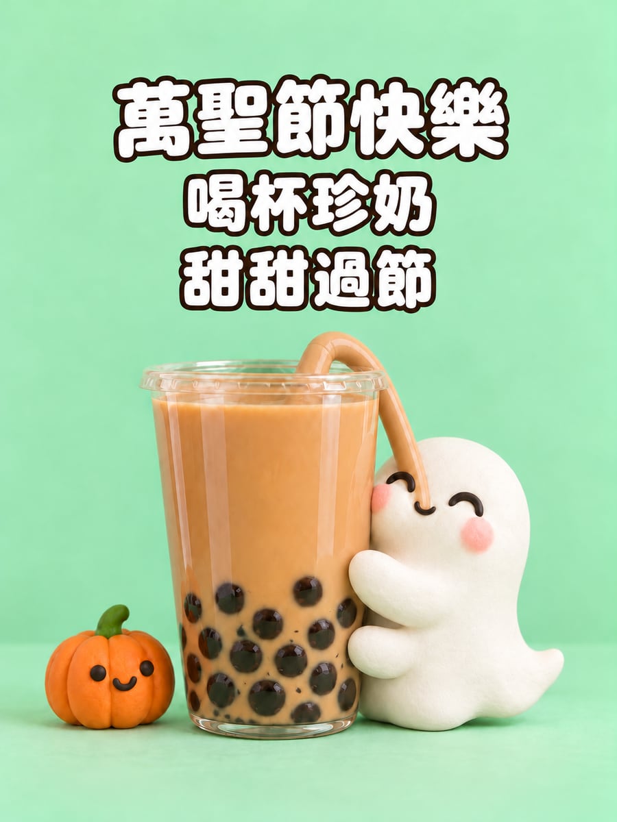 喝珍奶的黏土小幽靈。圖中文字：萬聖節快樂，喝杯珍奶，甜甜過節