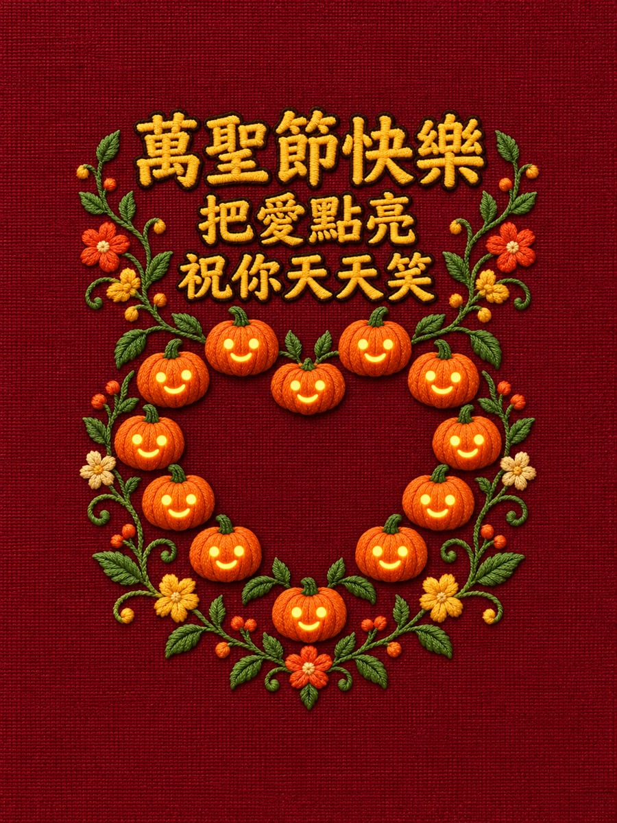 排成愛心的南瓜燈。圖中文字：萬聖節快樂，把愛點亮，祝你天天笑