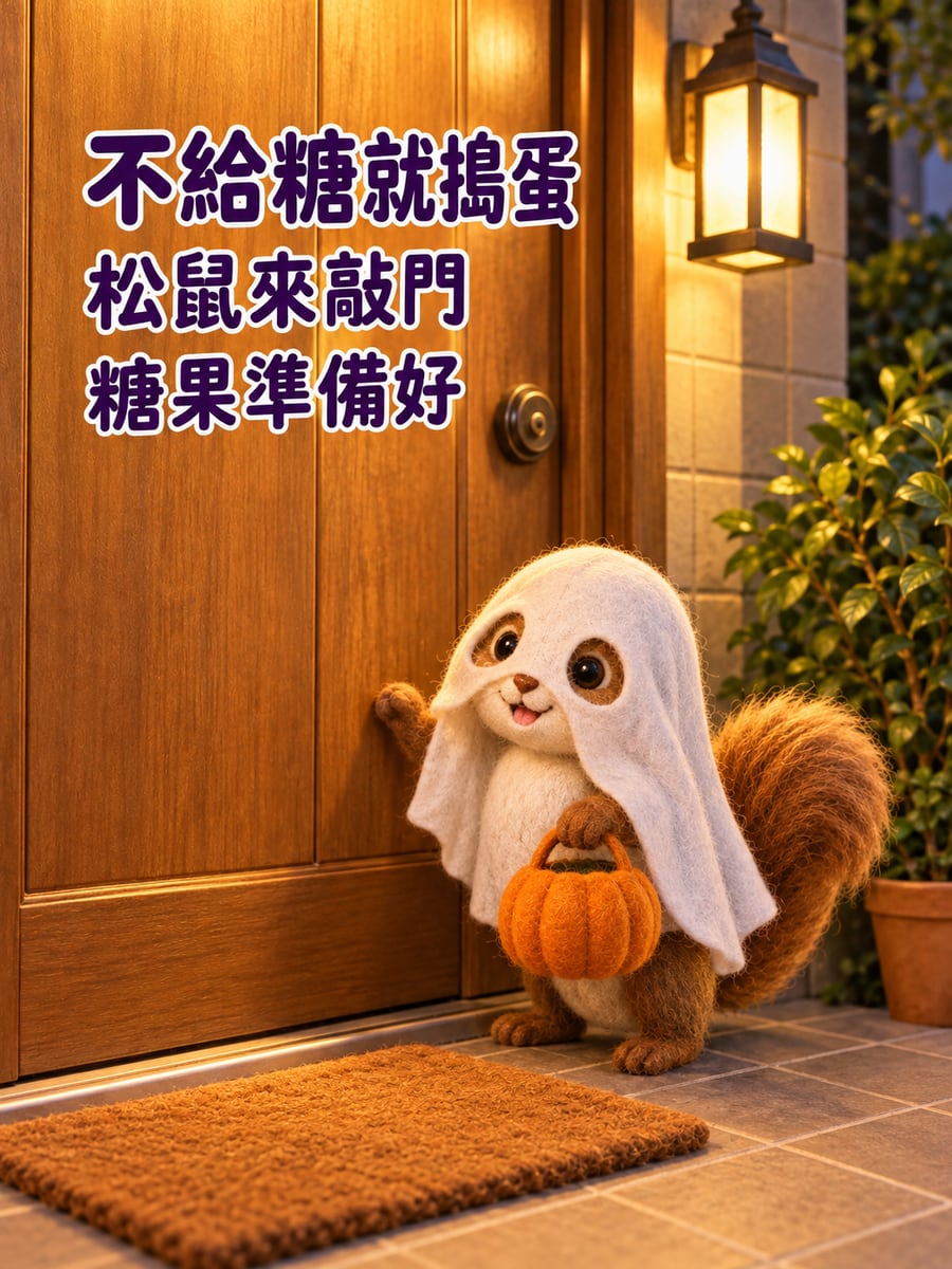 扮成小幽靈的毛氈松鼠。圖中文字：不給糖就搗蛋，松鼠來敲門，糖果準備好