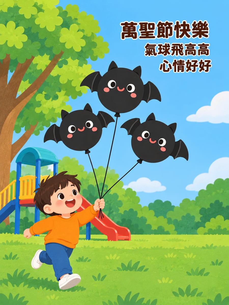 拿蝙蝠氣球的小男孩。圖中文字：萬聖節快樂，氣球飛高高，心情好好