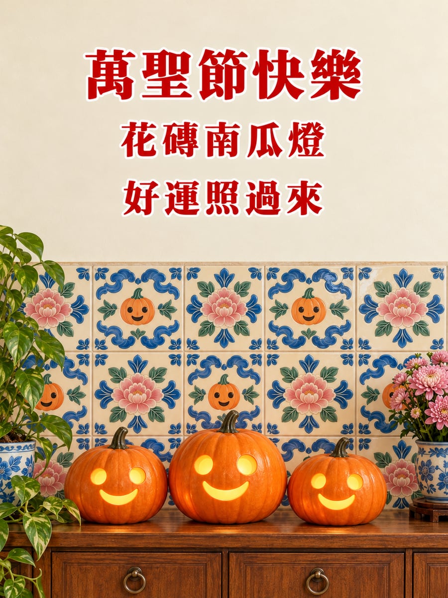 老花磚上的南瓜燈。圖中文字：萬聖節快樂，花磚南瓜燈，好運照過來