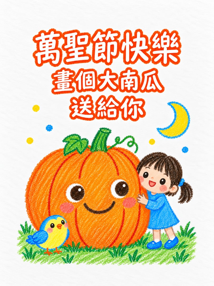 蠟筆畫的大南瓜。圖中文字：萬聖節快樂，畫個大南瓜，送給你