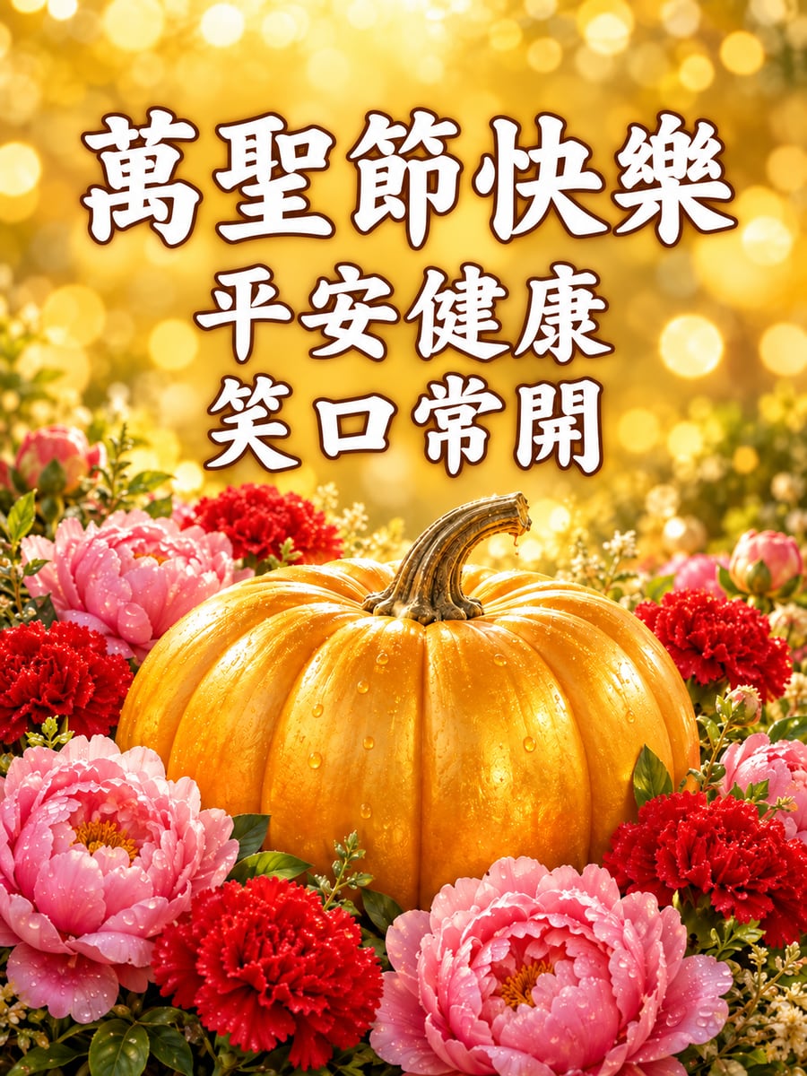 金南瓜與牡丹花。圖中文字：萬聖節快樂，平安健康，笑口常開