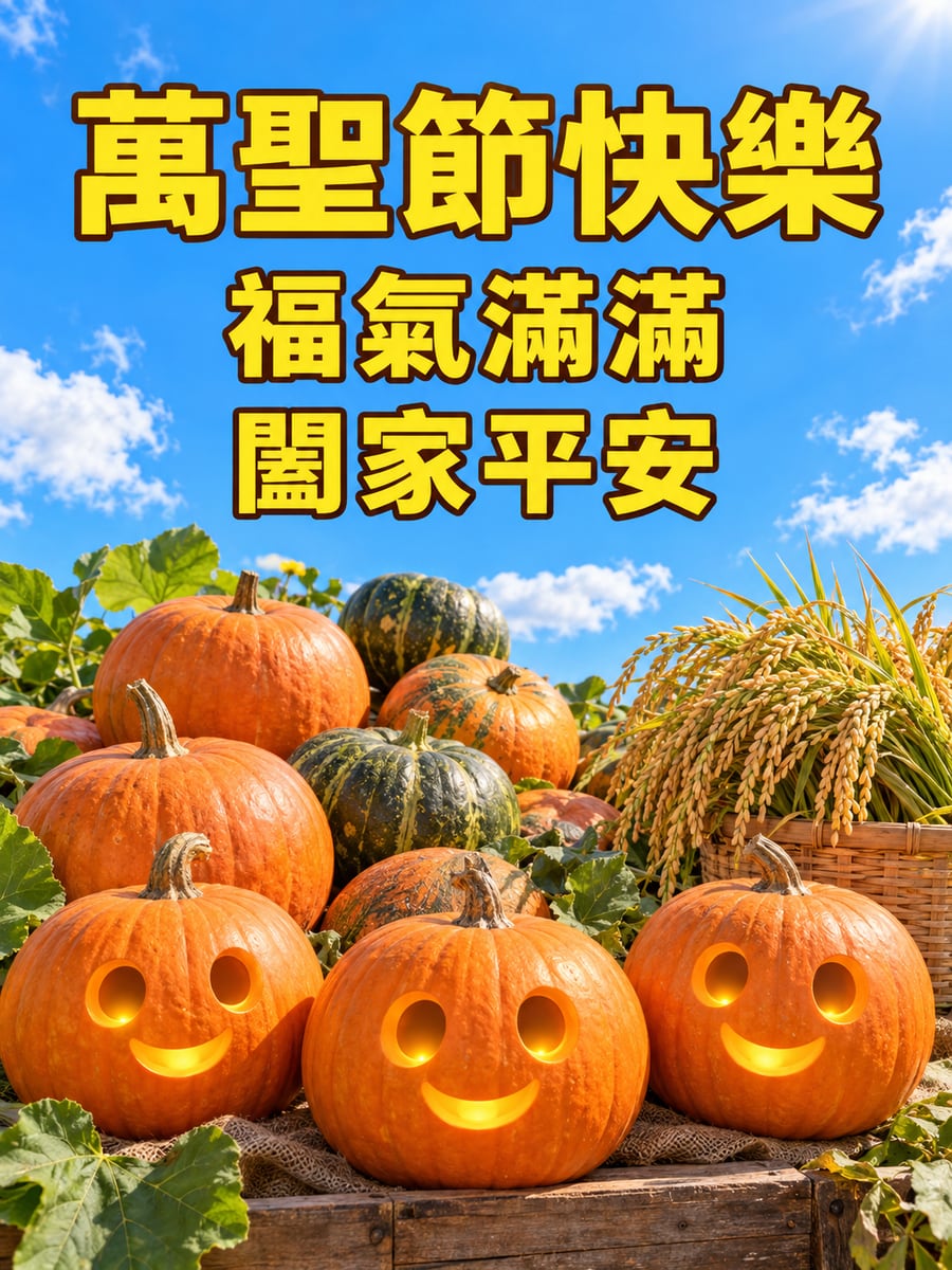 南瓜堆大字祝福。圖中文字：萬聖節快樂，福氣滿滿，闔家平安