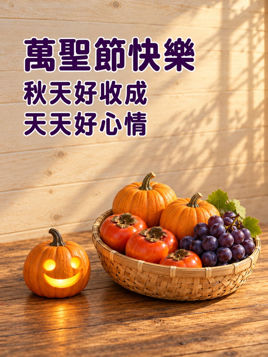 柿子南瓜秋天果籃。圖中文字：萬聖節快樂，秋天好收成，天天好心情