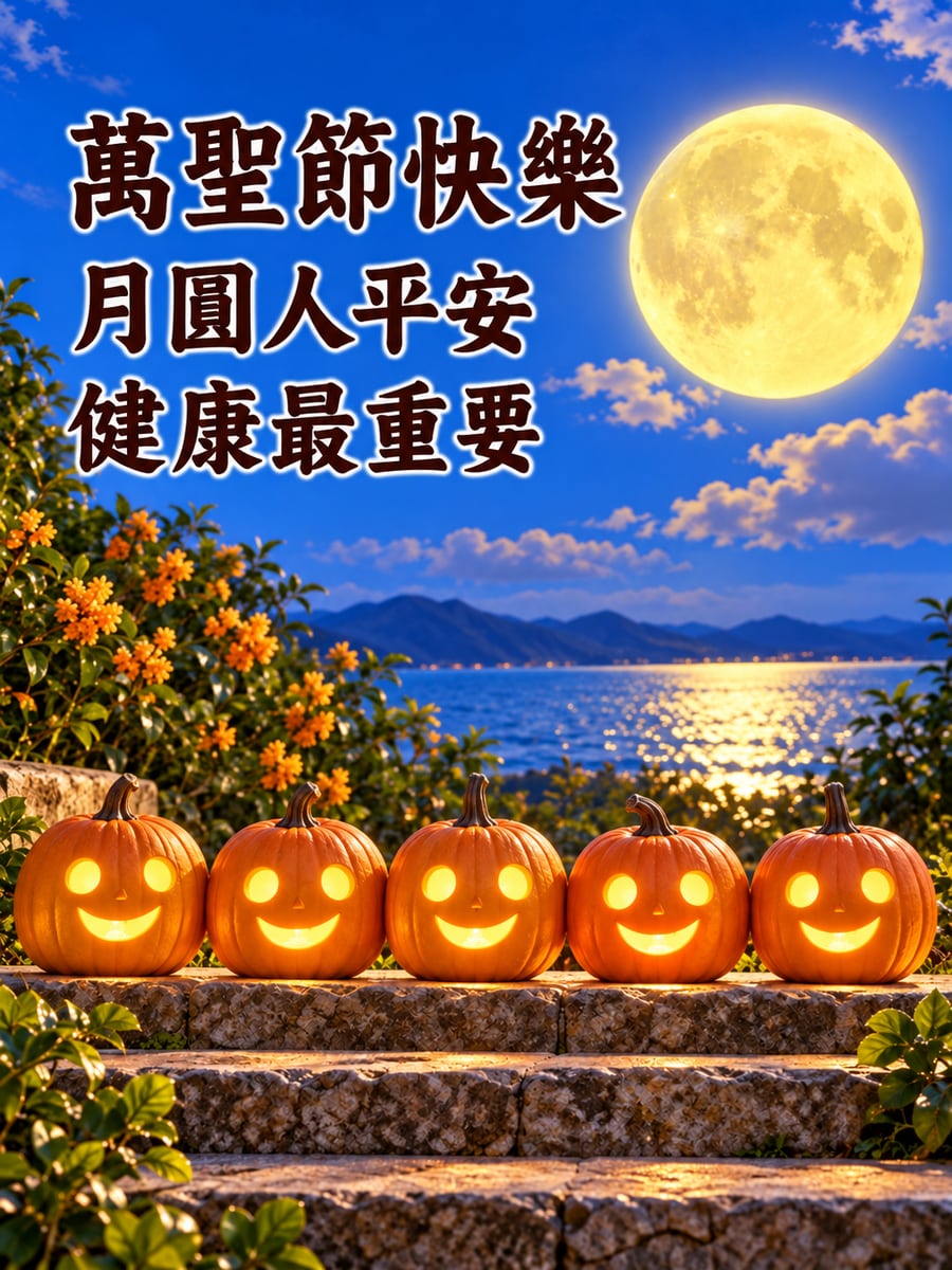 滿月下的南瓜燈。圖中文字：萬聖節快樂，月圓人平安，健康最重要