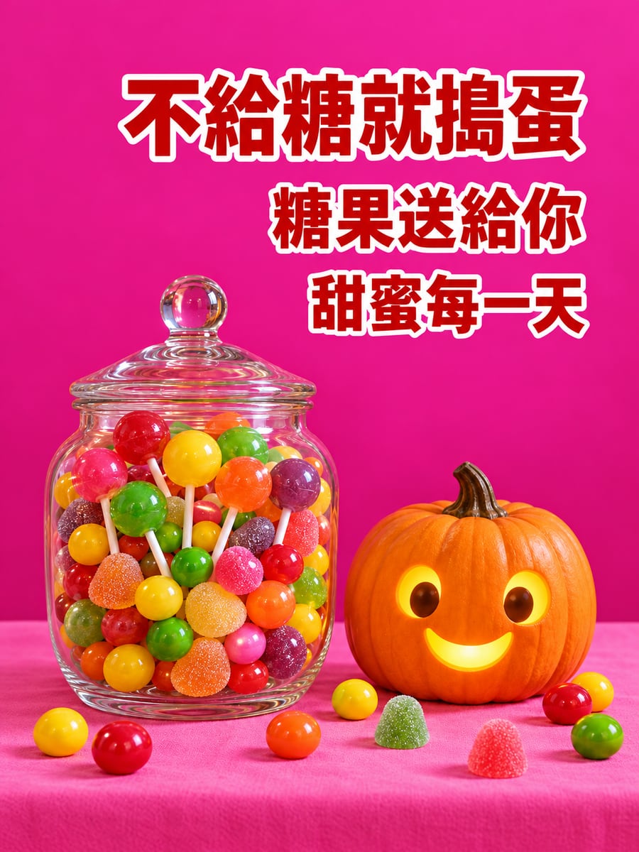 糖果罐與南瓜燈。圖中文字：不給糖就搗蛋，糖果送給你，甜蜜每一天
