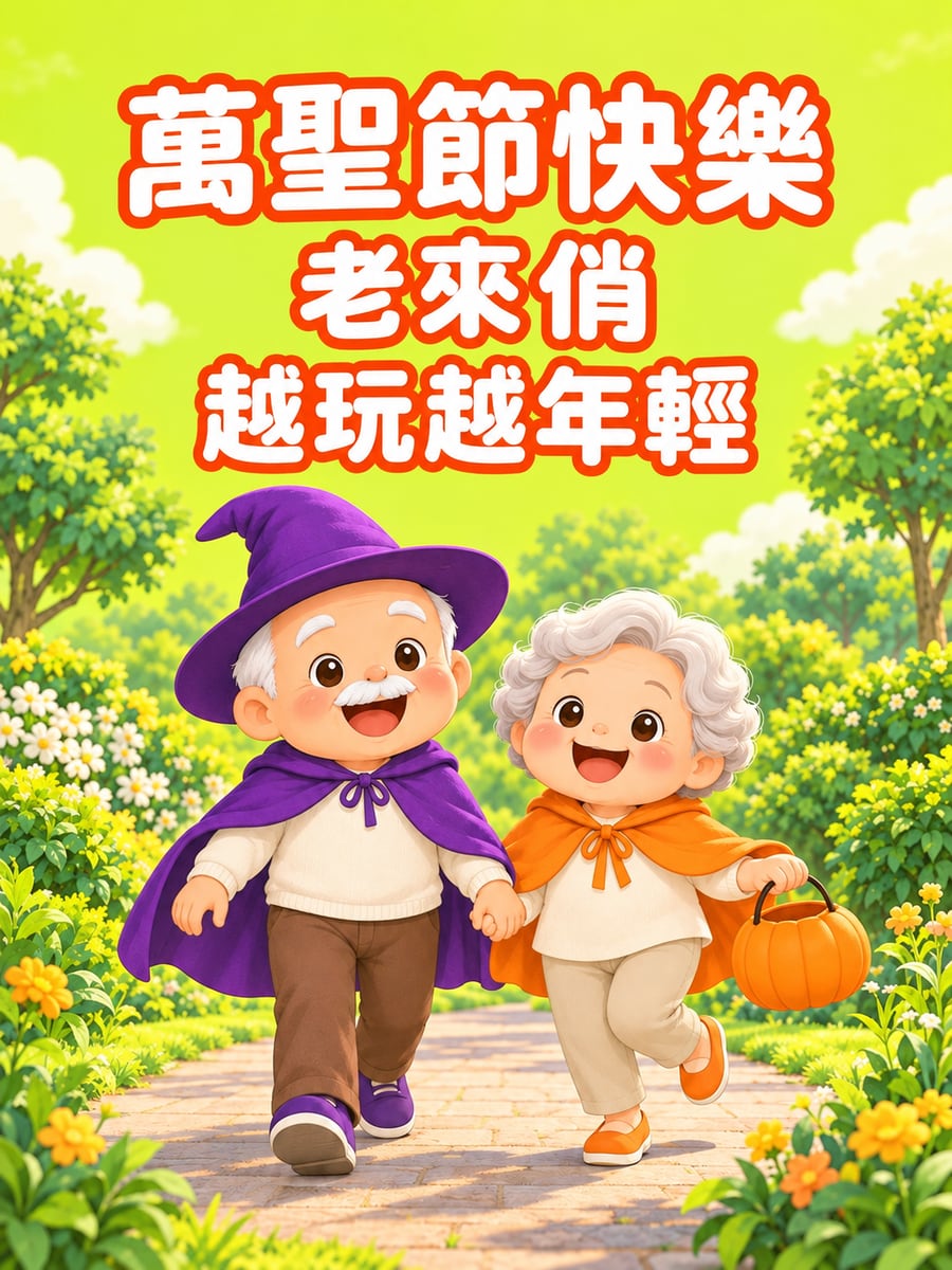 Q 版扮裝的阿公阿嬤。圖中文字：萬聖節快樂，老來俏，越玩越年輕