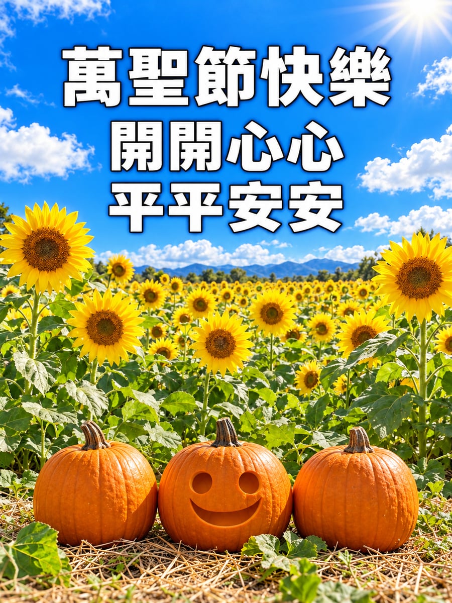 南瓜與向日葵。圖中文字：萬聖節快樂，開開心心，平平安安