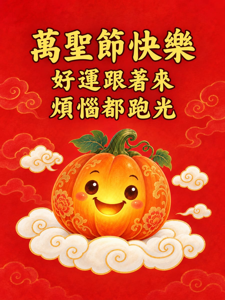 祥雲南瓜燈。圖中文字：萬聖節快樂，好運跟著來，煩惱都跑光