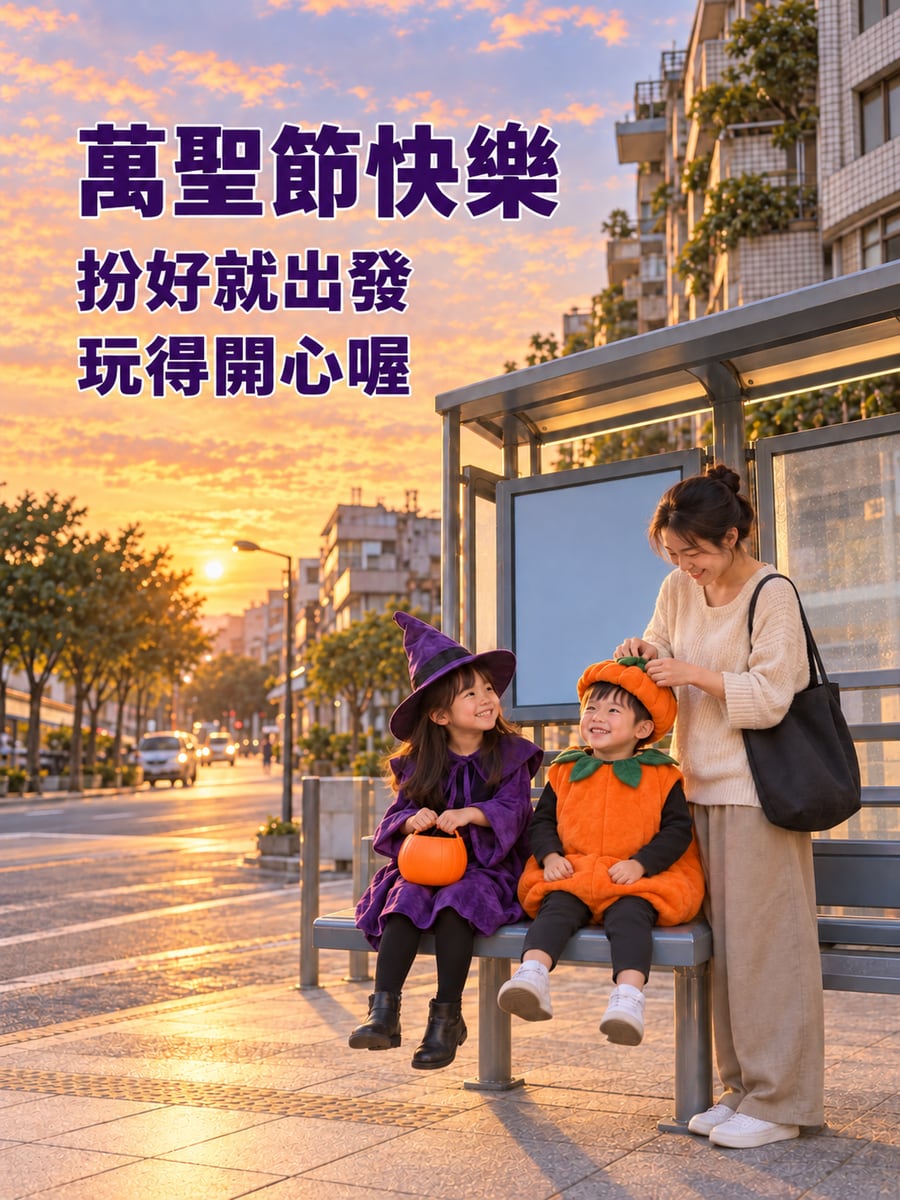 公車站等車的扮裝姊弟。圖中文字：萬聖節快樂，扮好就出發，玩得開心喔