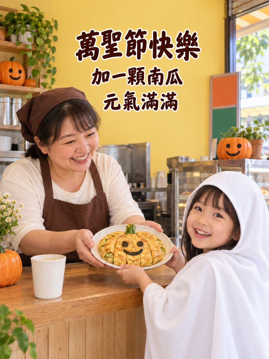 早餐店的南瓜蛋餅。圖中文字：萬聖節快樂，加一顆南瓜，元氣滿滿