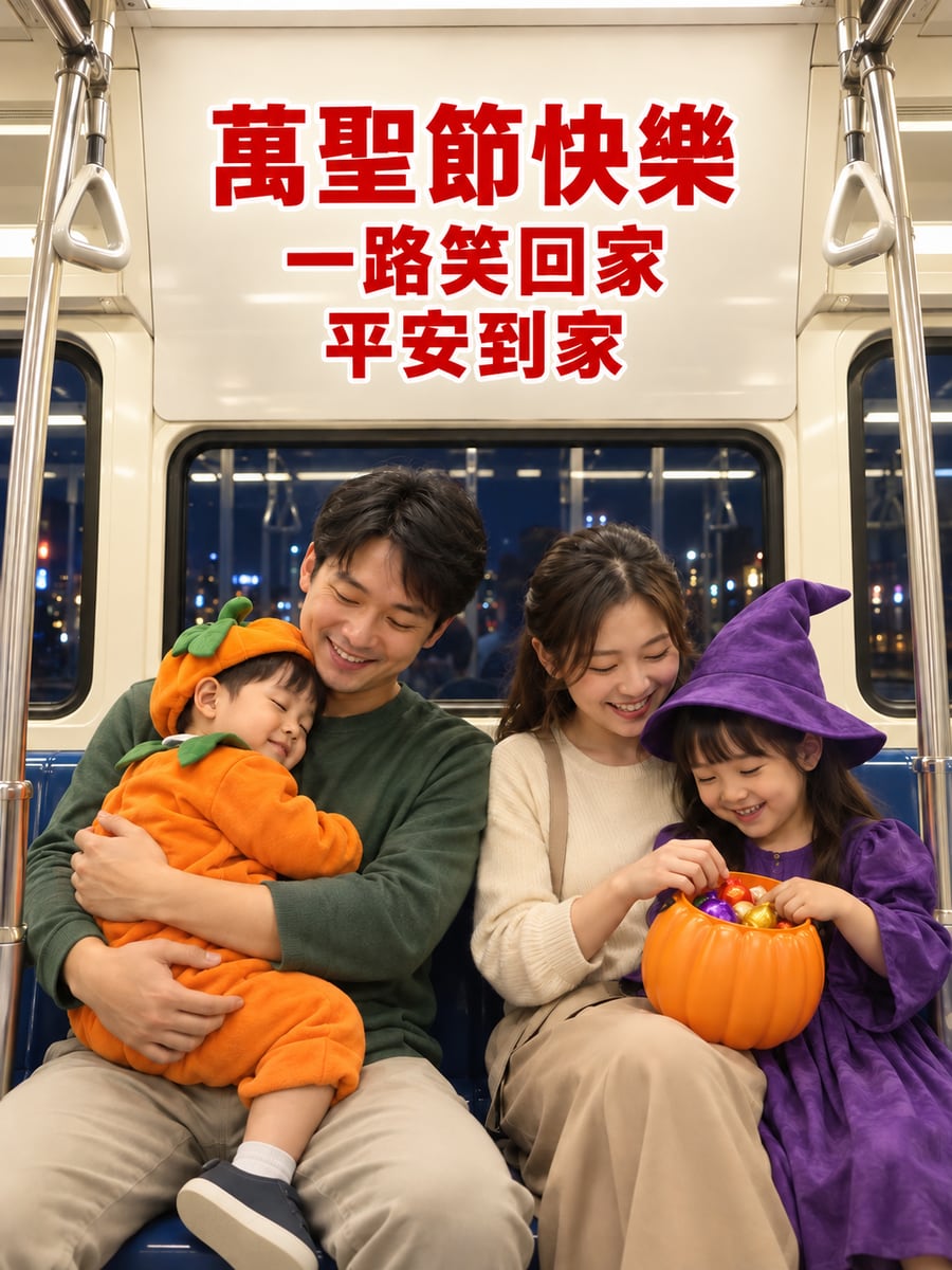 捷運上的扮裝一家人。圖中文字：萬聖節快樂，一路笑回家，平安到家