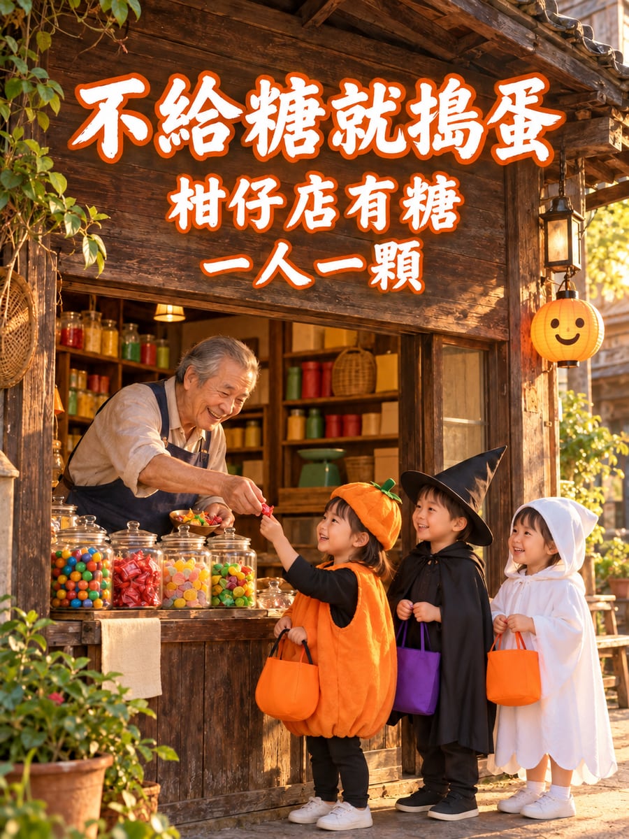 柑仔店的糖果。圖中文字：不給糖就搗蛋，柑仔店有糖，一人一顆
