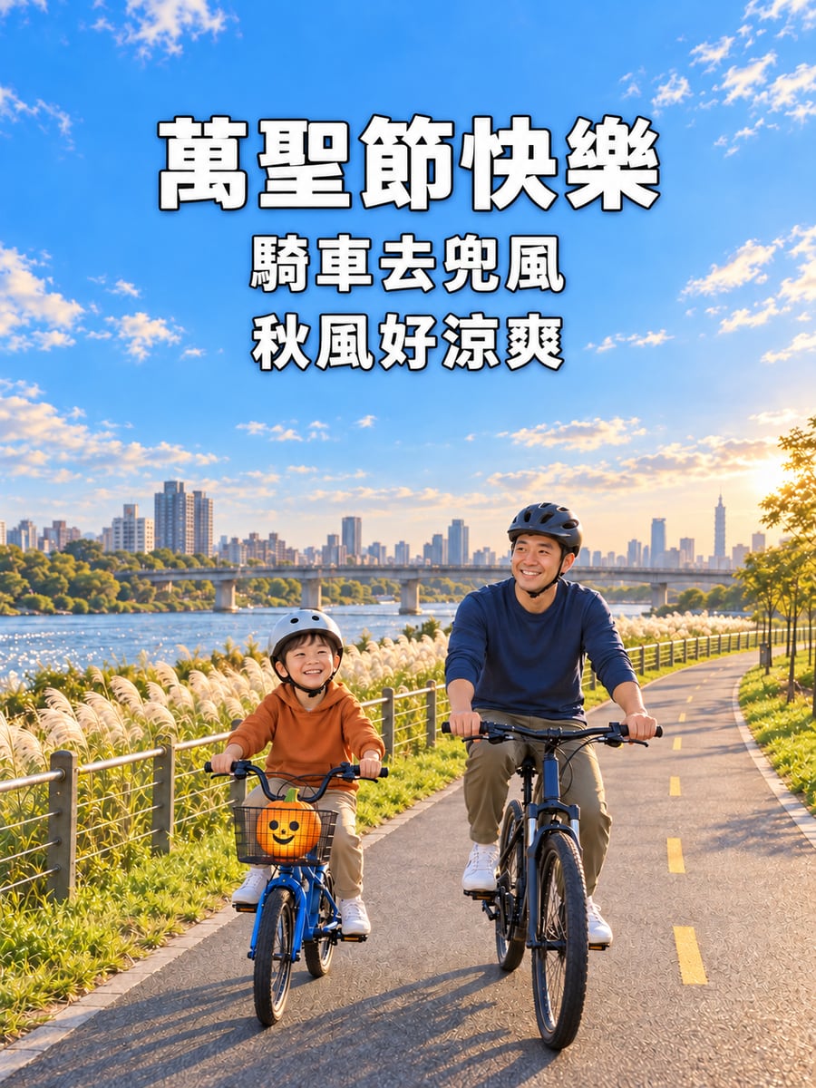 河濱騎車載南瓜。圖中文字：萬聖節快樂，騎車去兜風，秋風好涼爽