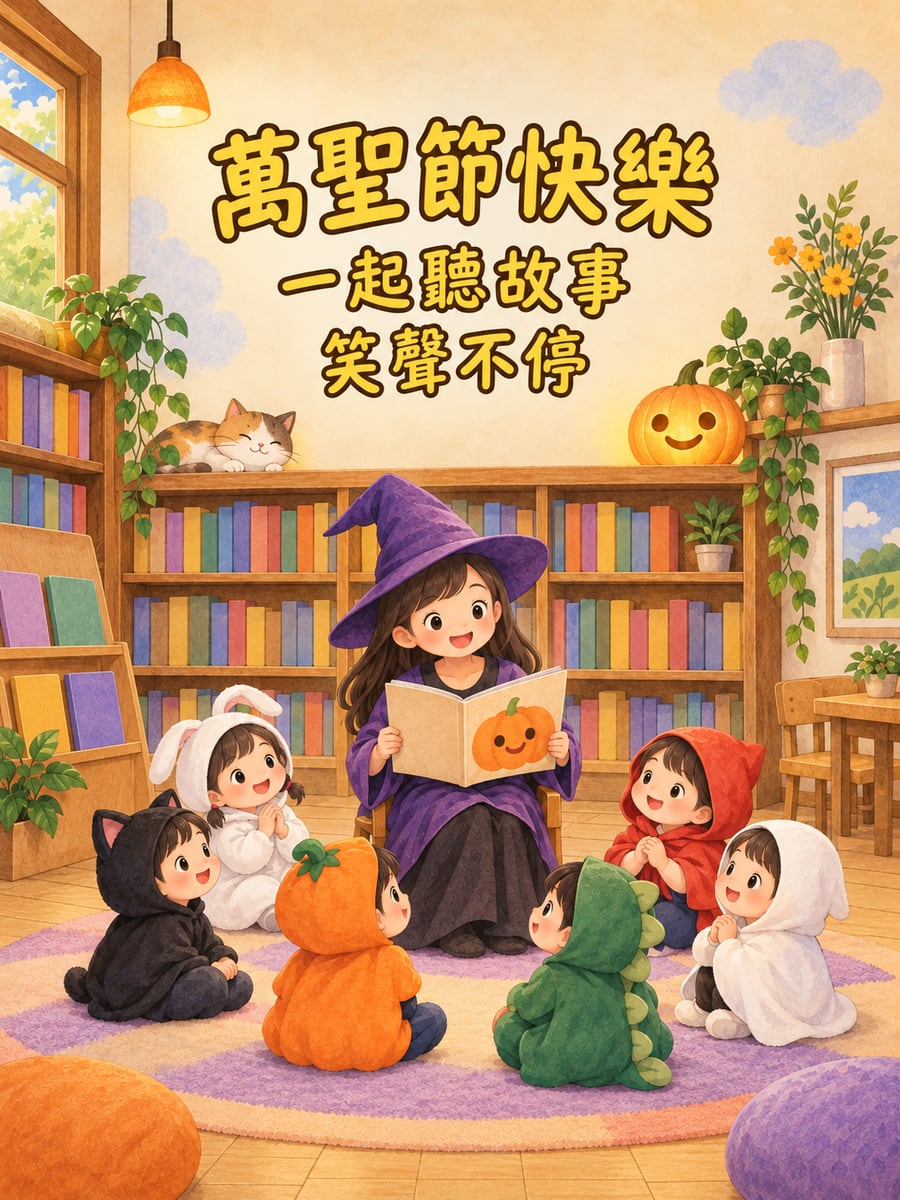 圖書館的萬聖節故事時間。圖中文字：萬聖節快樂，一起聽故事，笑聲不停