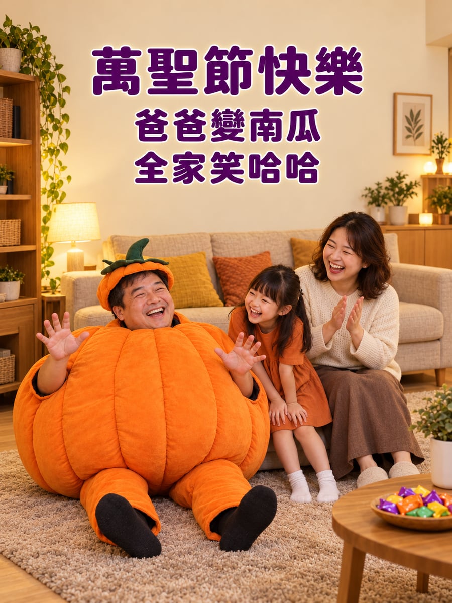 爸爸扮成大南瓜。圖中文字：萬聖節快樂，爸爸變南瓜，全家笑哈哈