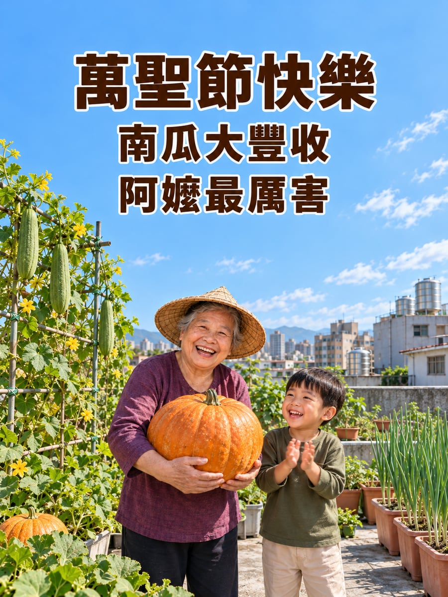 頂樓菜園的南瓜豐收。圖中文字：萬聖節快樂，南瓜大豐收，阿嬤最厲害