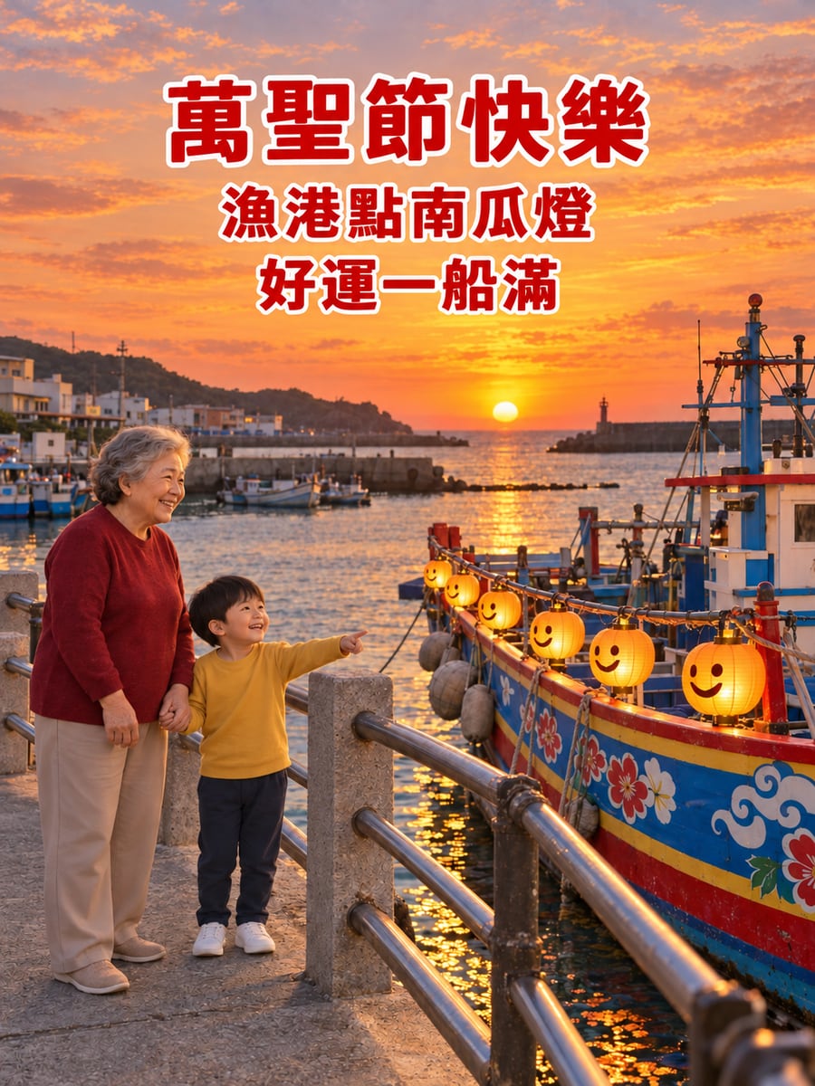 漁港點起南瓜燈。圖中文字：萬聖節快樂，漁港點南瓜燈，好運一船滿