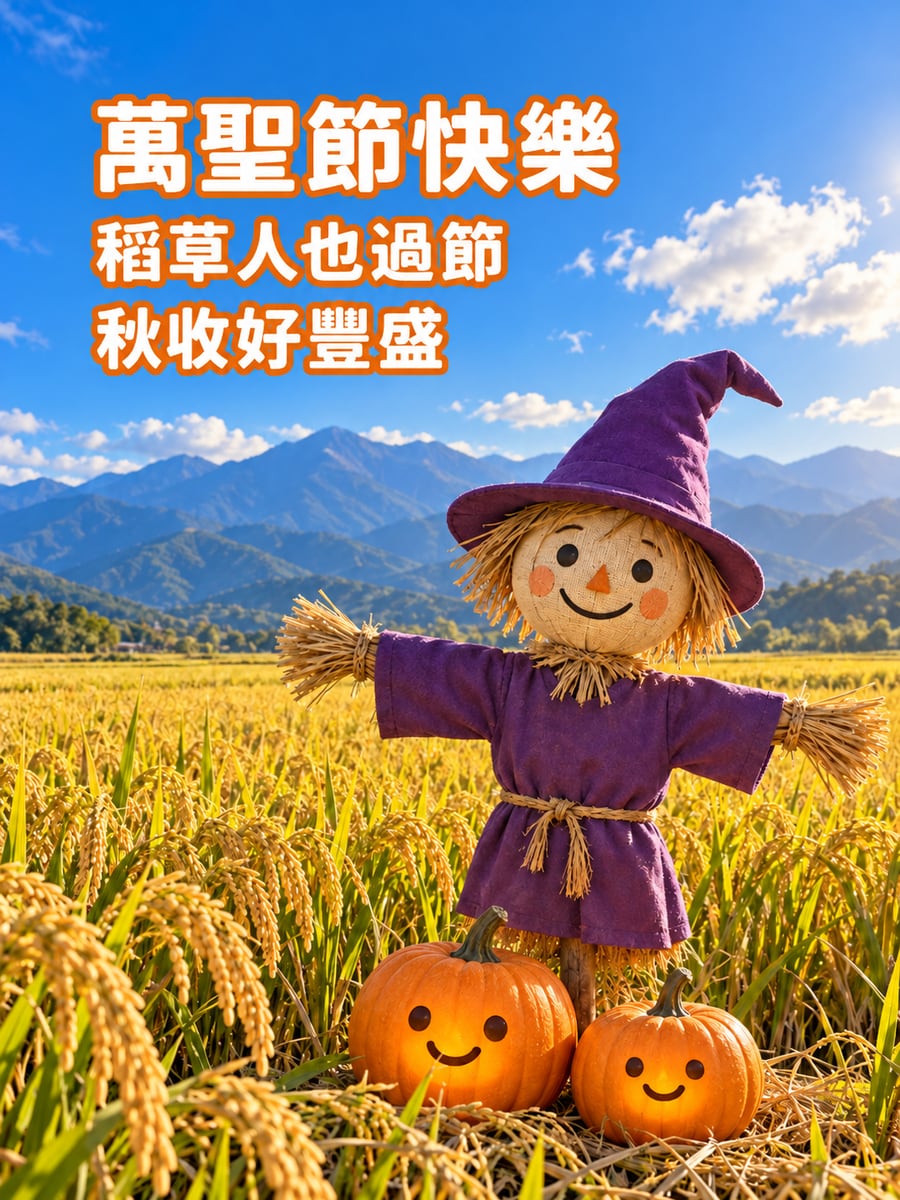 戴巫師帽的稻草人。圖中文字：萬聖節快樂，稻草人也過節，秋收好豐盛