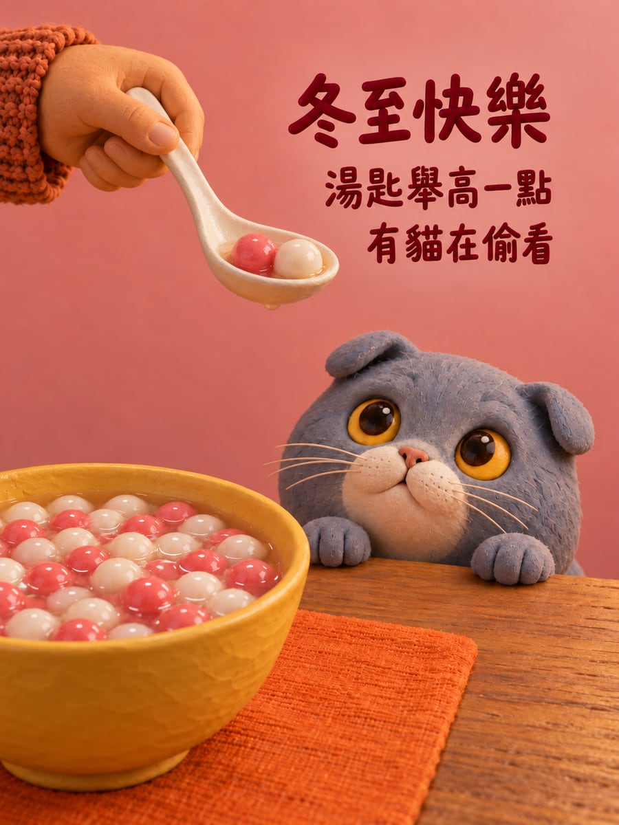 藍灰色摺耳貓偷看湯匙上的湯圓。圖中文字：冬至快樂，湯匙舉高一點，有貓在偷看