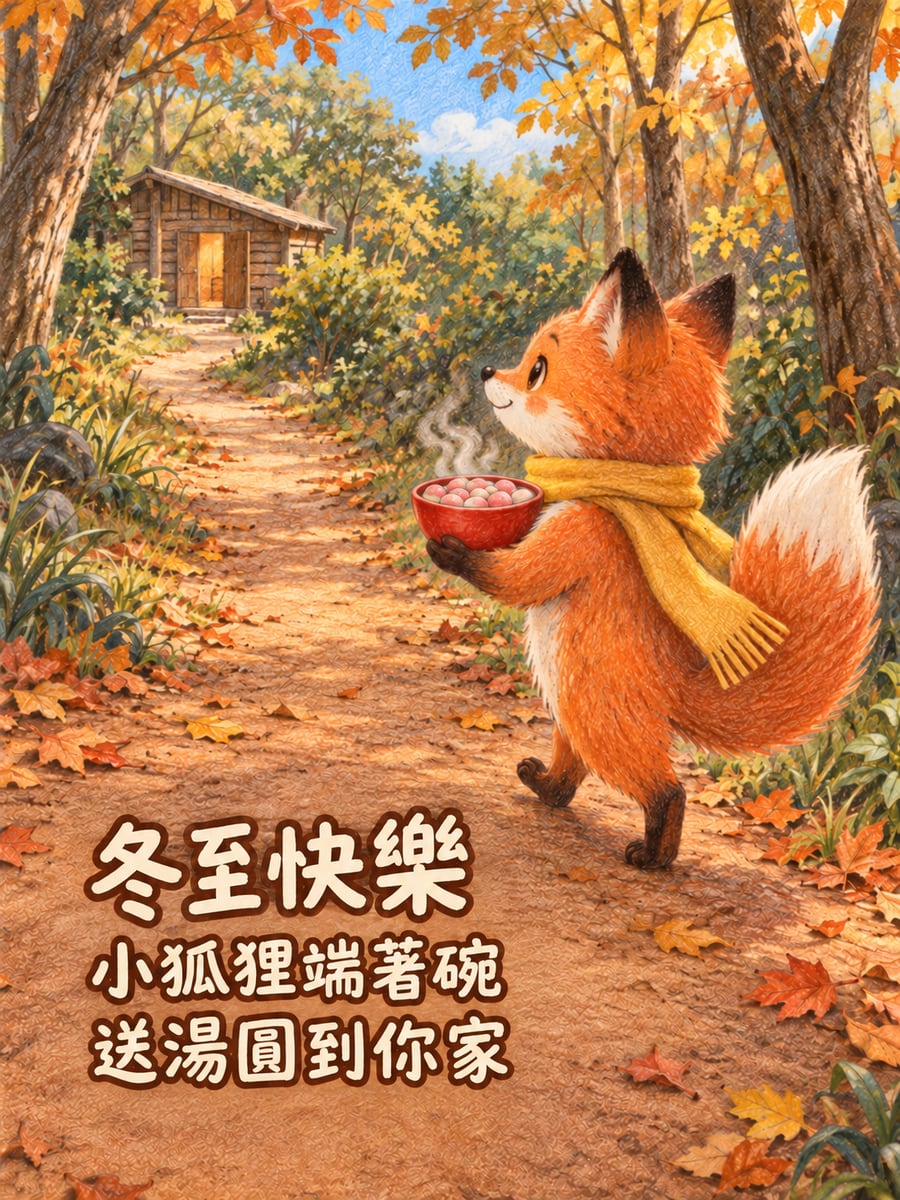 圍著圍巾的小狐狸端湯圓。圖中文字：冬至快樂，小狐狸端著碗，送湯圓到你家
