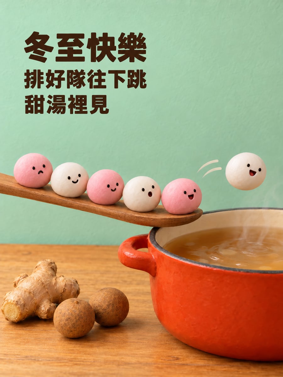 湯圓排隊從湯匙跳進甜湯。圖中文字：冬至快樂，排好隊往下跳，甜湯裡見