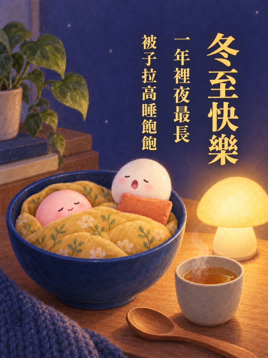湯圓窩在碗裡的小被子準備睡覺。圖中文字：冬至快樂，一年裡夜最長，被子拉高睡飽飽