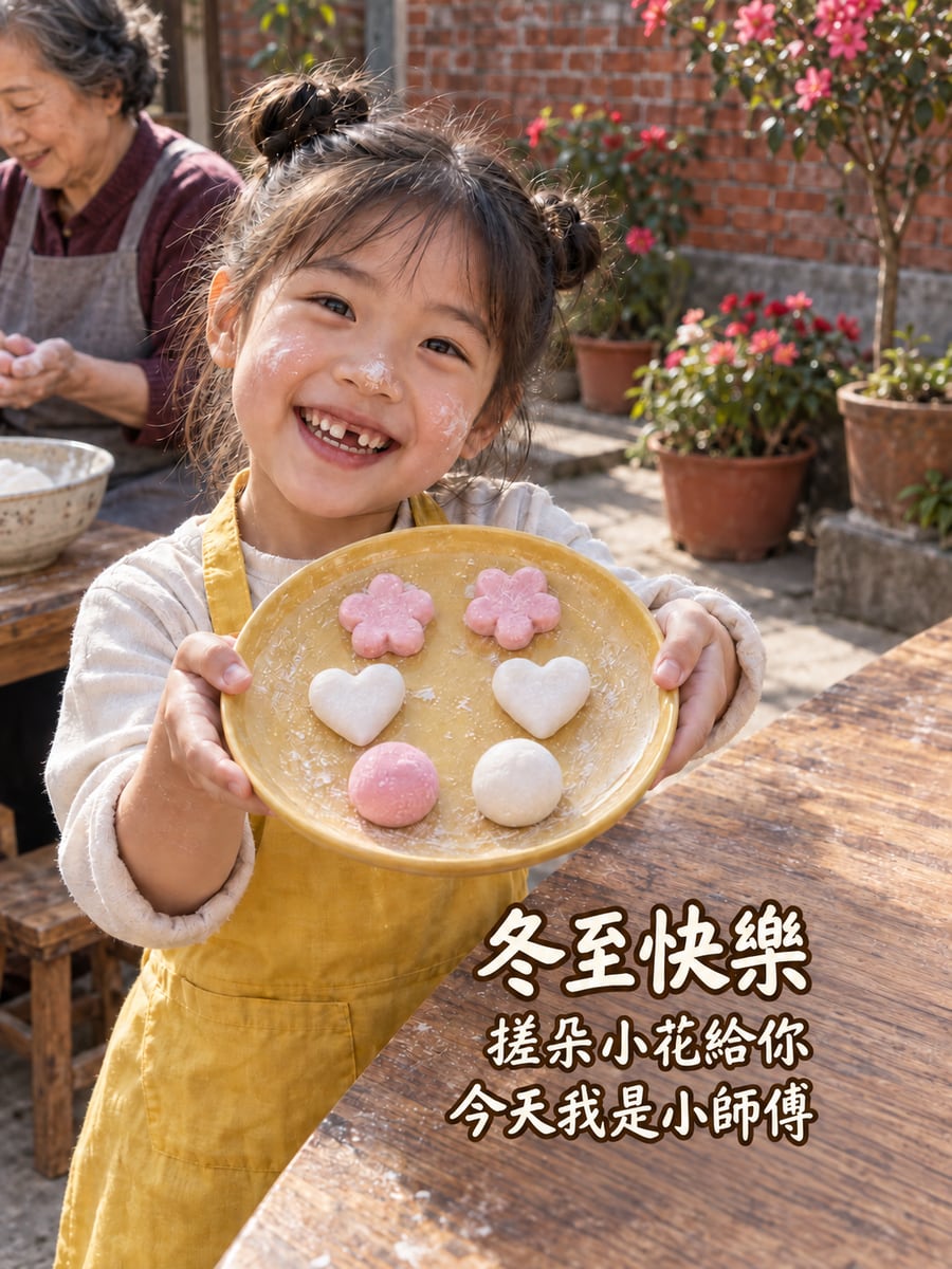 小女孩端著自己搓的小花湯圓。圖中文字：冬至快樂，搓朵小花給你，今天我是小師傅