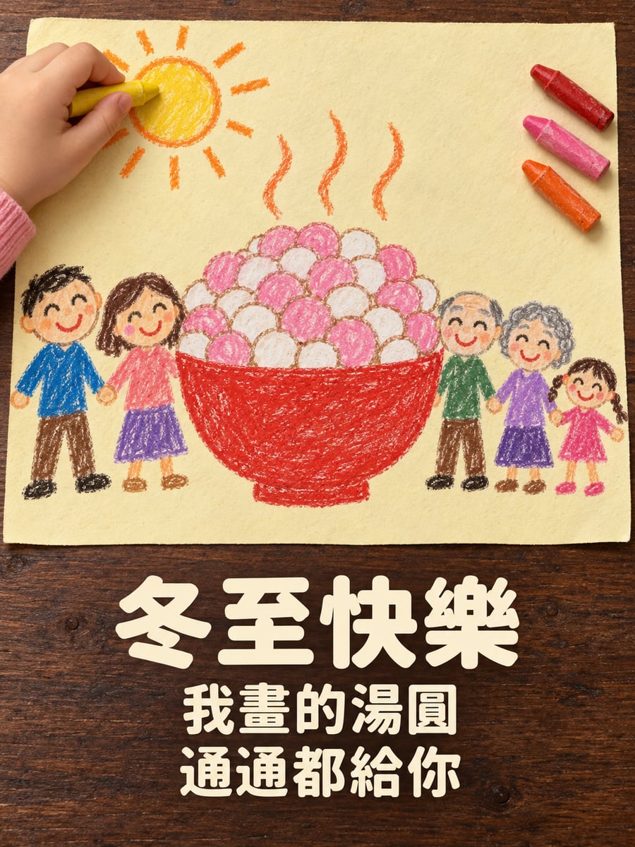 小朋友用蠟筆畫的一大碗湯圓和全家人。圖中文字：冬至快樂，我畫的湯圓，通通都給你