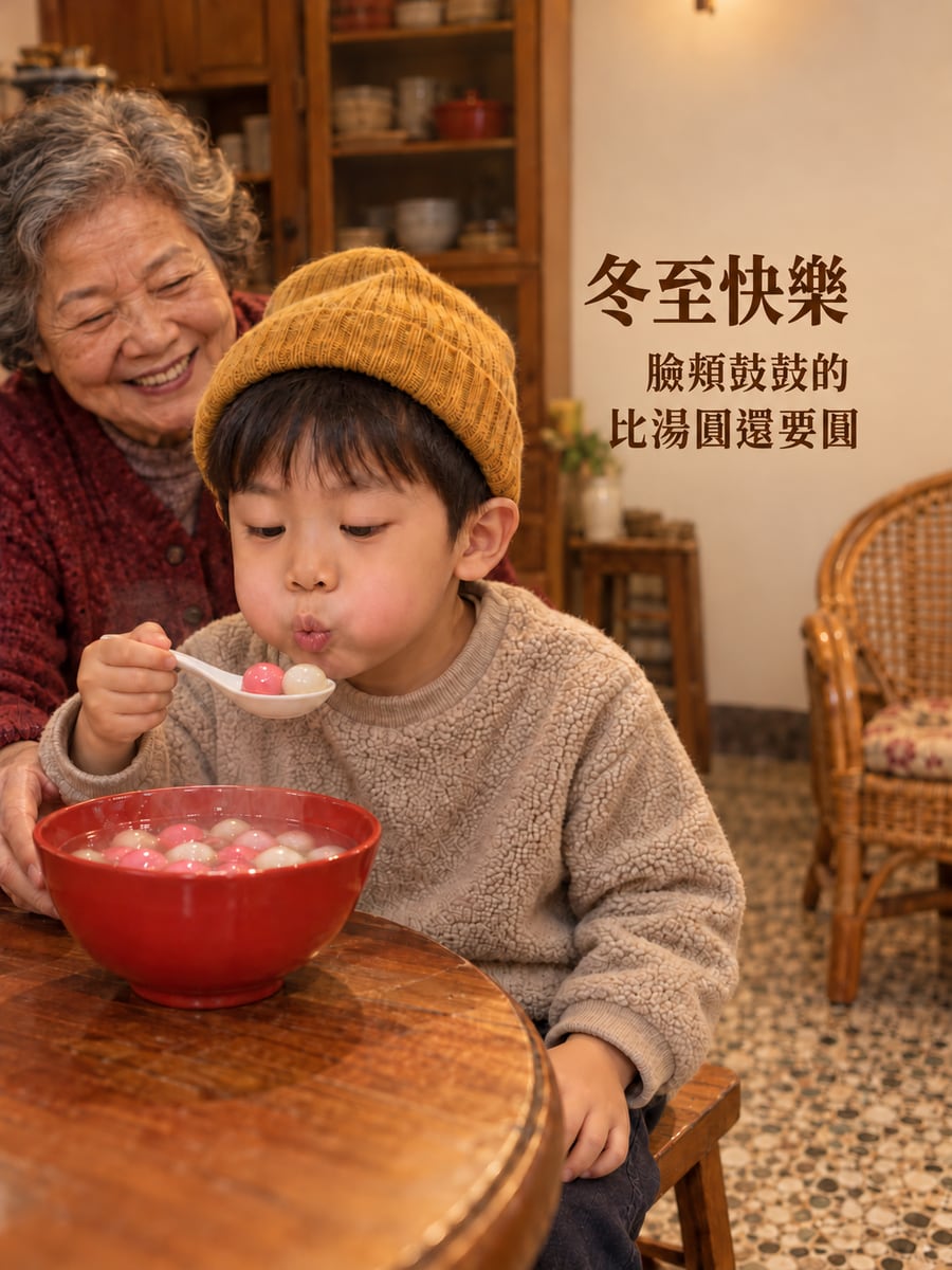 鼓著臉頰吹涼湯圓的小男孩。圖中文字：冬至快樂，臉頰鼓鼓的，比湯圓還要圓