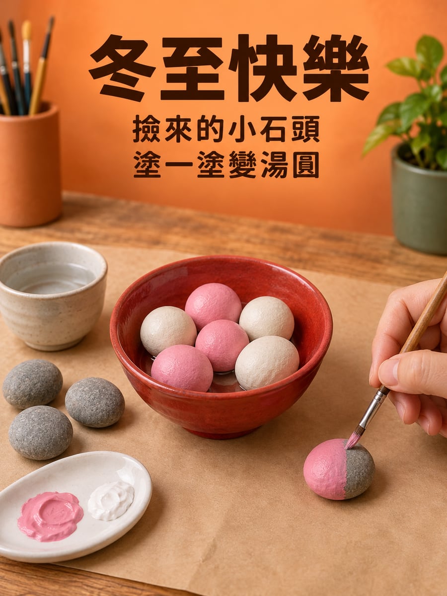 把小石頭塗成紅白湯圓的手作。圖中文字：冬至快樂，撿來的小石頭，塗一塗變湯圓