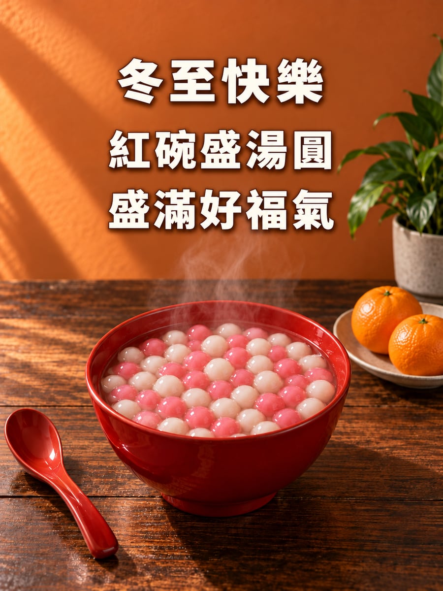 紅漆碗木桌大字湯圓。圖中文字：冬至快樂，紅碗盛湯圓，盛滿好福氣