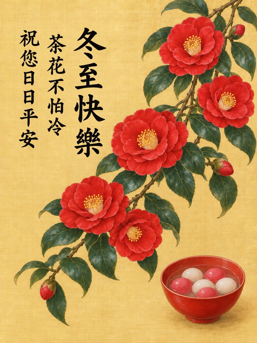 工筆紅茶花與一小碗湯圓。圖中文字：冬至快樂，茶花不怕冷，祝您日日平安