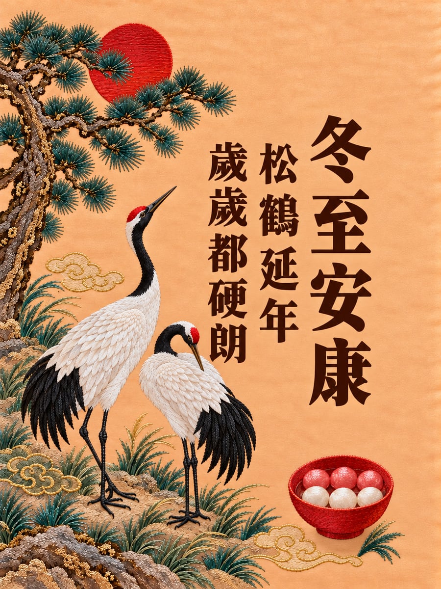 刺繡松鶴延年。圖中文字：冬至安康，松鶴延年，歲歲都硬朗