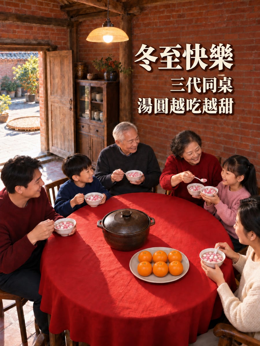 三合院飯廳三代同桌。圖中文字：冬至快樂，三代同桌，湯圓越吃越甜