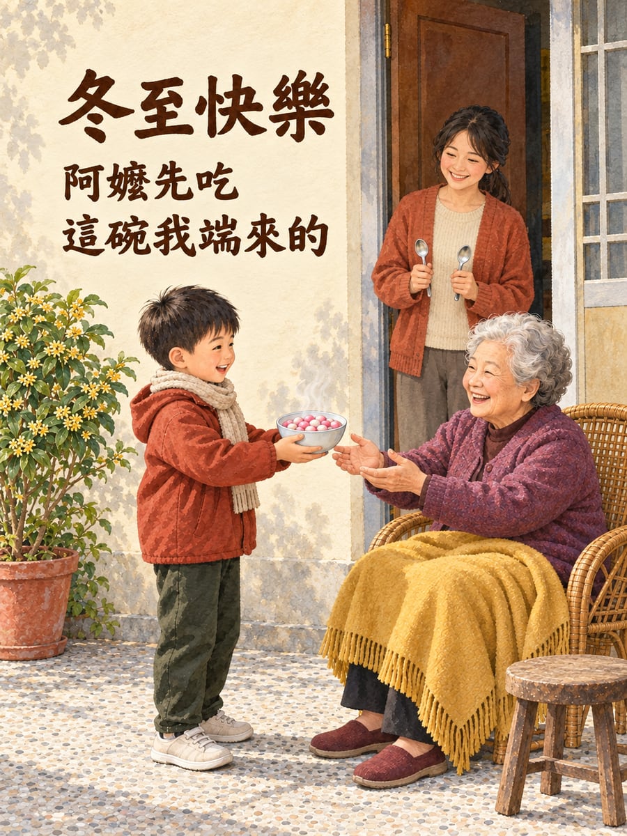 水彩孫子端湯圓給阿嬤。圖中文字：冬至快樂，阿嬤先吃，這碗我端來的