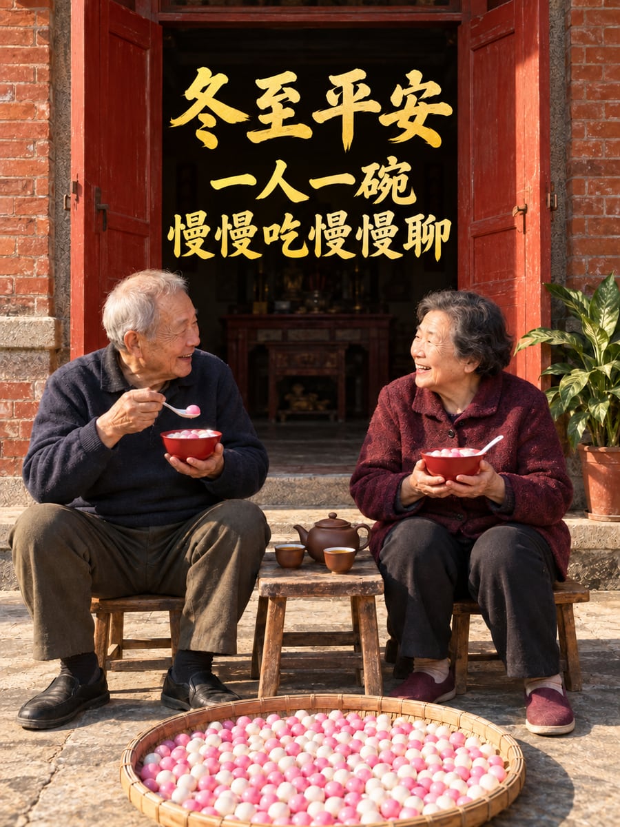 三合院門口板凳上的阿公阿嬤。圖中文字：冬至平安，一人一碗，慢慢吃慢慢聊