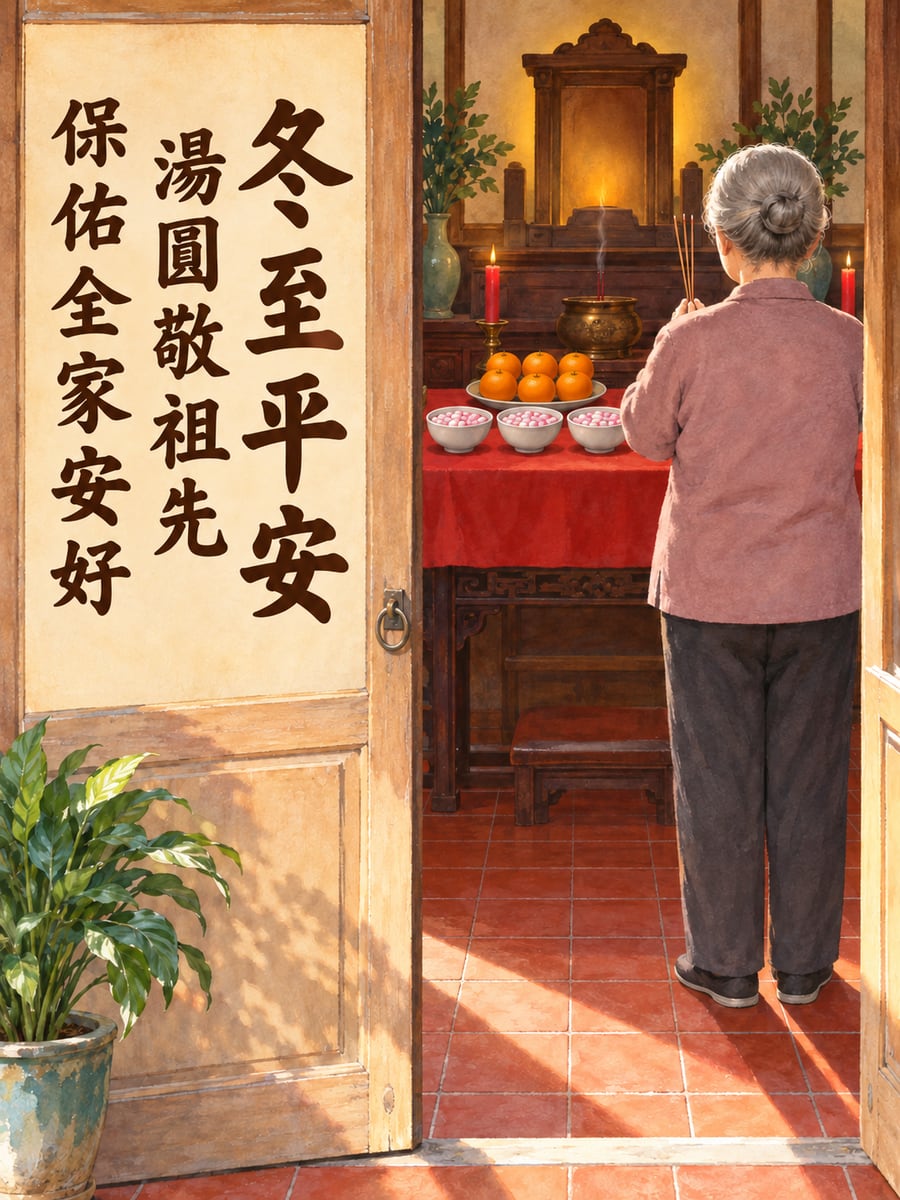 水彩阿嬤拿香謝冬的背影。圖中文字：冬至平安，湯圓敬祖先，保佑全家安好