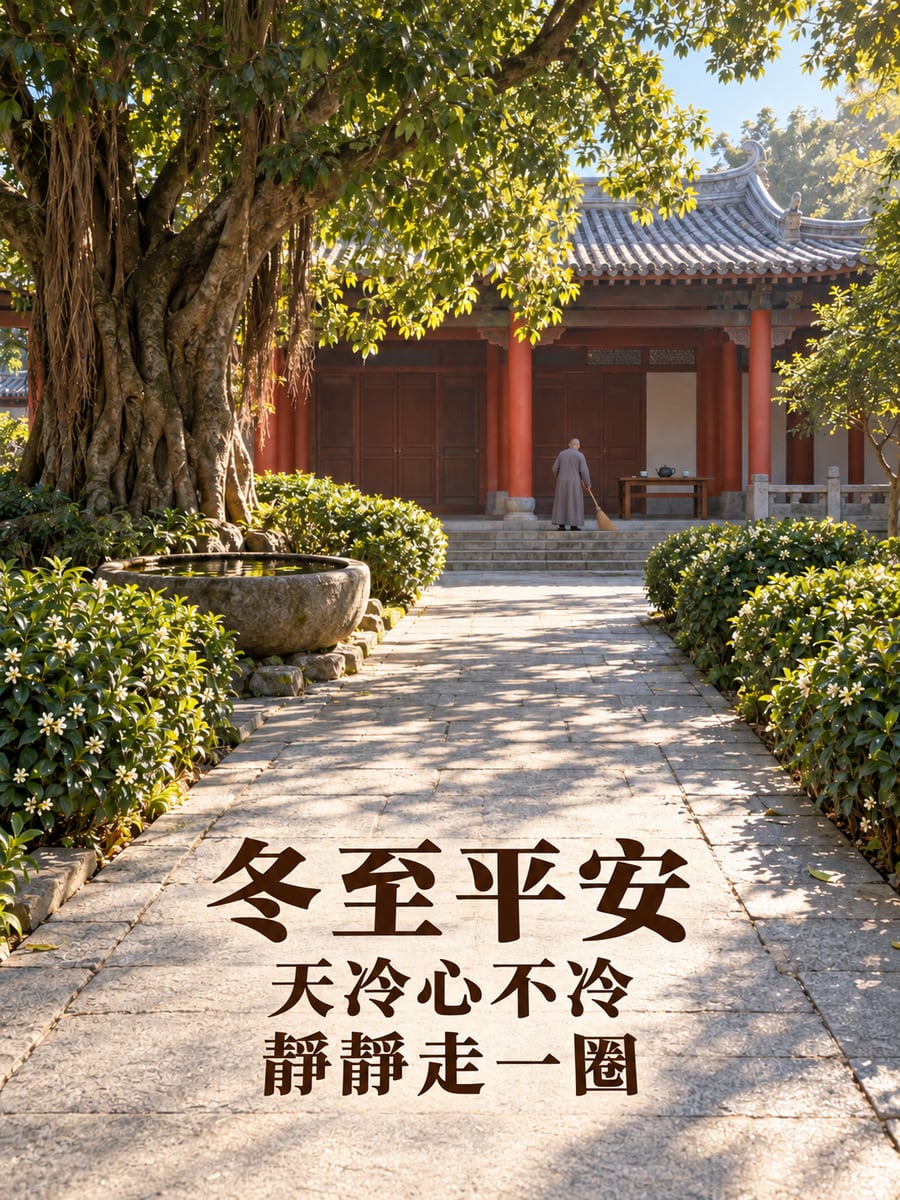 佛寺冬日庭院的石板路。圖中文字：冬至平安，天冷心不冷，靜靜走一圈
