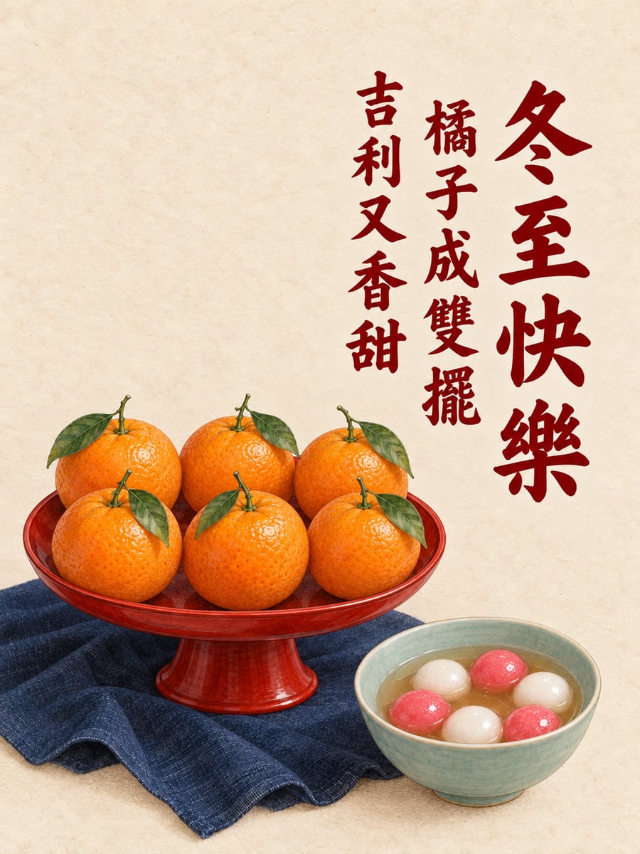 工筆六顆橘子與一碗湯圓。圖中文字：冬至快樂，橘子成雙擺，吉利又香甜
