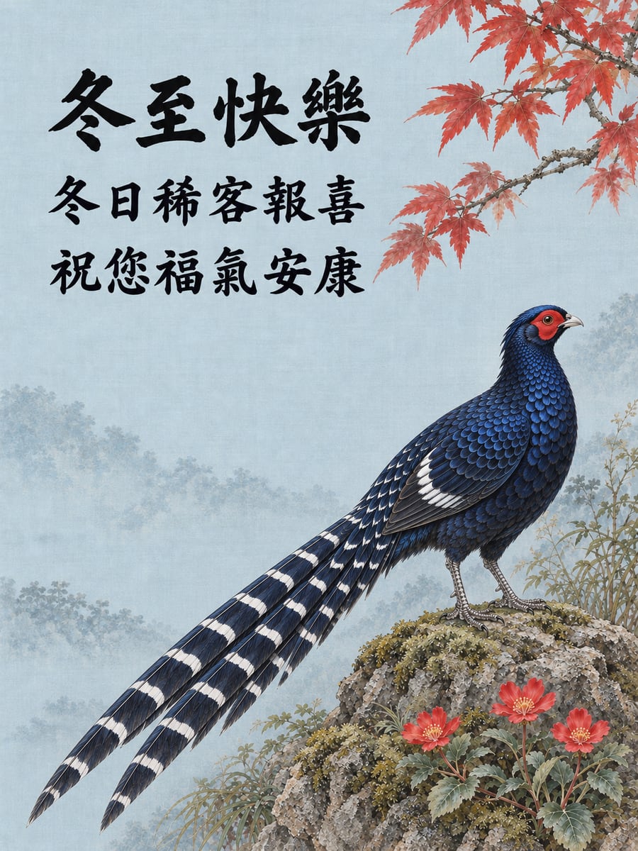工筆帝雉與紅葉。圖中文字：冬至快樂，冬日稀客報喜，祝您福氣安康